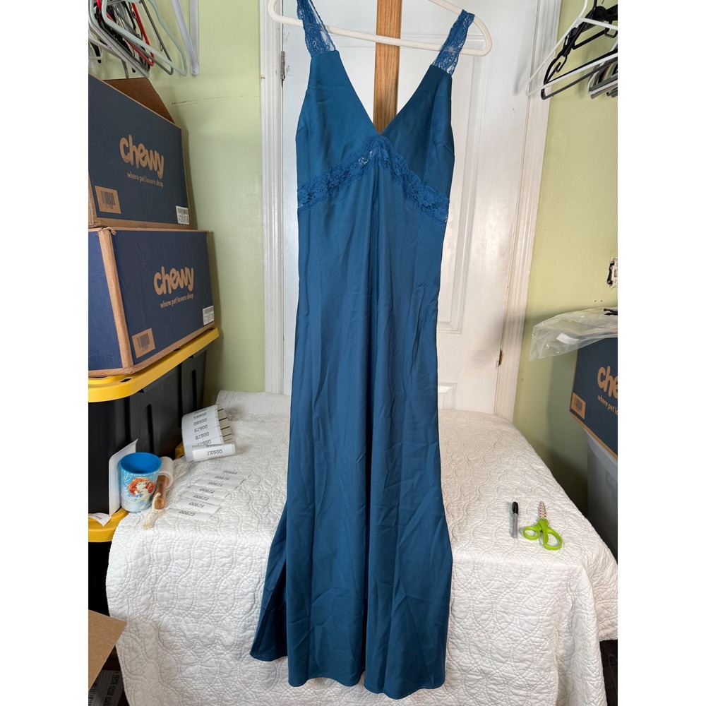 The Drop Teal Blue Satin Lace Trim V-Neck Maxi Dress Size S New